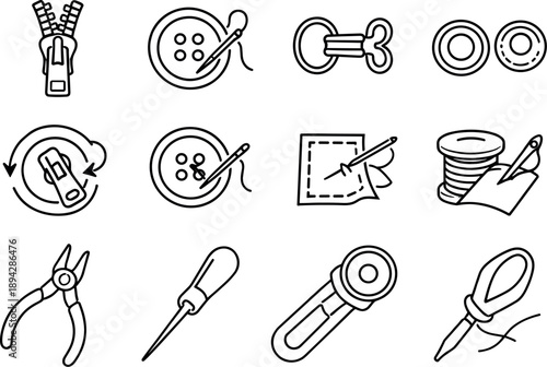 Line style of garment alteration service vector icons: zipper, button, hook, snap; replace, fix, reinforce, restore; pliers, awl,