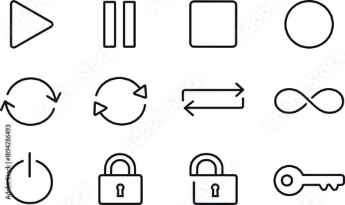 Line style icons of System control icons: play, pause, stop, record; refresh, sync, repeat, loop; power, lock, unlock, key Strict