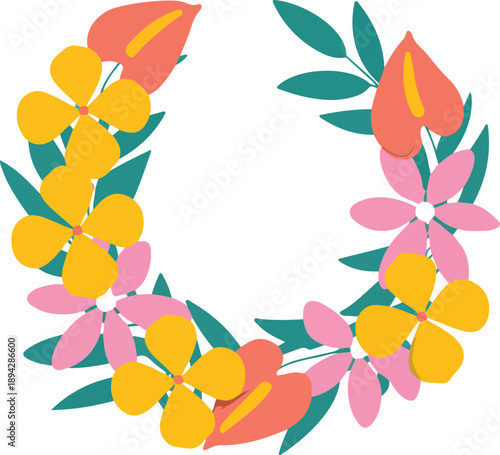 Hawaiian Lei Floral Garland Line Icons Set  Plumeria, Hibiscus, Tiare Flowers
