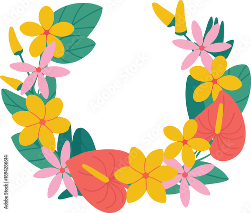 Hawaiian Lei Floral Garland Line Icons Set  Plumeria, Hibiscus, Tiare Flowers