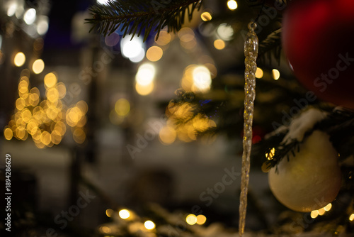 Festive Christmas market lights with warm bokeh and winter holiday atmosphere