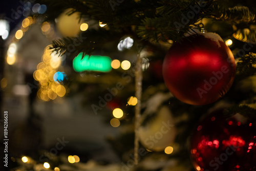 Festive Christmas market lights with warm bokeh and winter holiday atmosphere