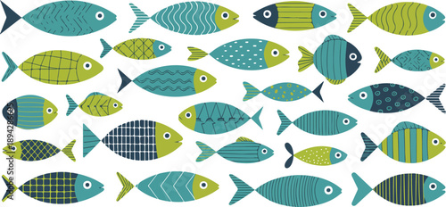 Abstract Marine Fish Line Icons Set  Patterned Tropical Sea Creatures