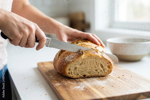 Hands cut a loaf of fresh bread on a wooden board in a kitchen during daylight hours, showing kitchen tools and a simple setup for home cooking