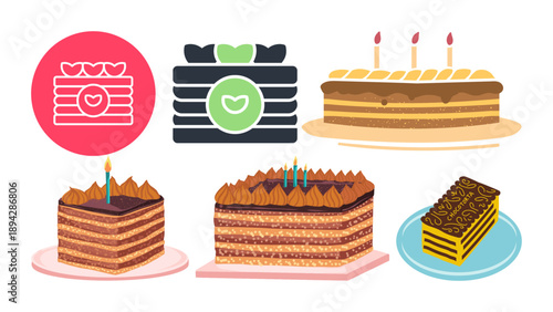 A colorful collection of illustrated cakes and pastries featuring various designs and celebratory candles high quality professional detailed modern elegant stylish clean crisp vibrant