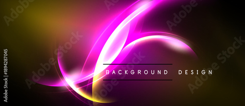 Abstract neon lights create vibrant curves, gradients. Dark background emphasizes glowing shapes, modern design elements.