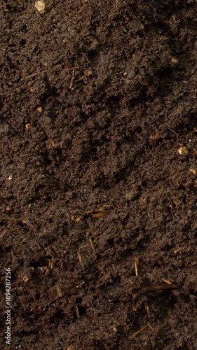 Macro video of rich, damp soil with visible organic matter and a single earthworm. The texture and composition reflect active biological processing and natural soil enrichment