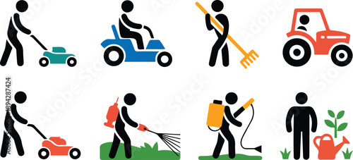 Gardening & Yard Work Silhouette Icons Lawn Mowing, Raking, Spraying, Planting, Tractor