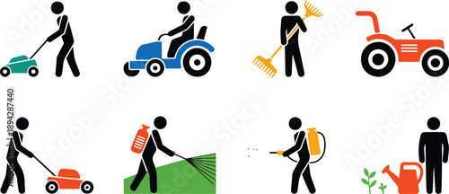 Gardening & Yard Work Silhouette Icons Lawn Mowing, Raking, Spraying, Planting, Tractor