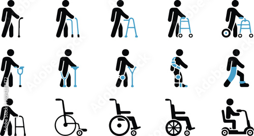 Mobility & Disability Assistance Silhouette Icons  Walking Aids, Wheelchairs, Scooters & Crutches