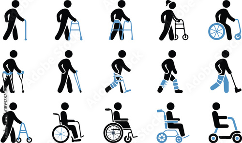 Mobility & Disability Assistance Silhouette Icons  Walking Aids, Wheelchairs, Scooters & Crutches