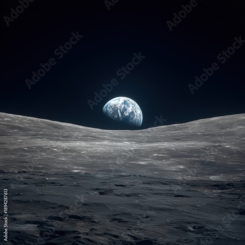 Earth Rise Over Moon Horizon: Dramatic Space Exploration Scene
