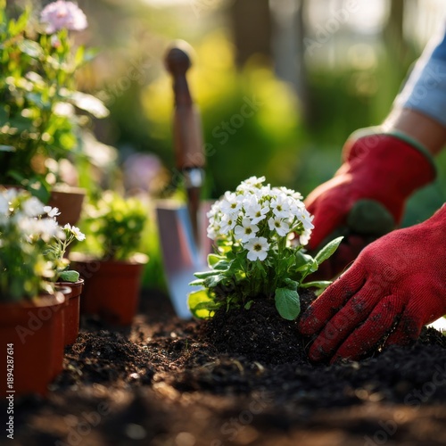 Close-up of a gardener planting white flowers in dark soil