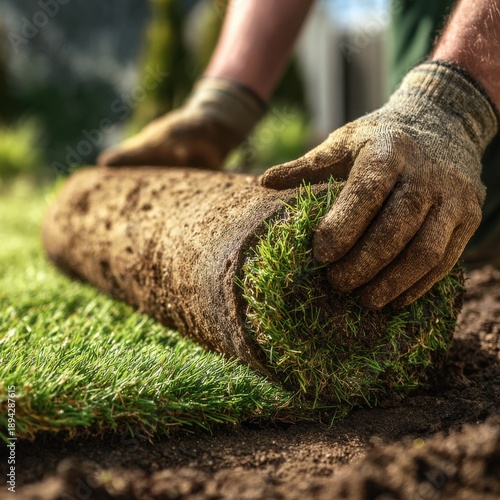 Professional landscaper laying fresh green turf over soil