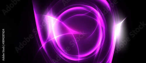 Bright purple abstract lines form swirling shapes against black background. Intense glow emanates from central point.