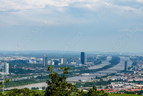 Photography Vienna city skyline with Danube River and modern urban landscape