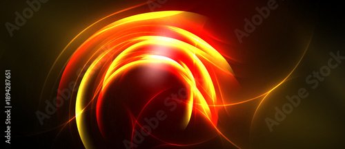 Abstract swirls, vibrant reds, oranges glow against black background. Dynamic energy radiates from central point. Smooth gradients create depth.