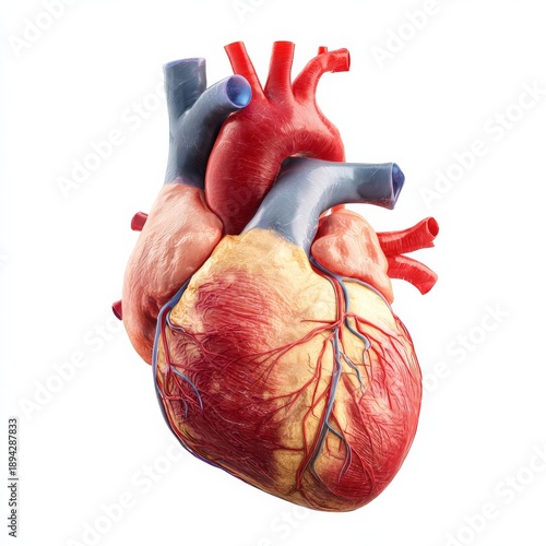 Detailed anatomical model of the human heart showing arteries, veins, and vascular structure