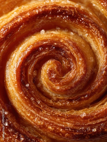 Golden Cinnamon Roll Close-Up: Flaky Pastry with Sugar Crystals