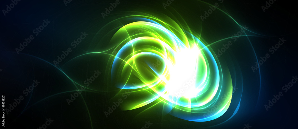 Obraz premium Bright swirling lights create abstract energy form. Vivid green, blue hues dominate dark background. Dynamic, radiant visual.