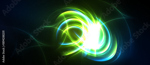 Bright swirling lights create abstract energy form. Vivid green, blue hues dominate dark background. Dynamic, radiant visual.