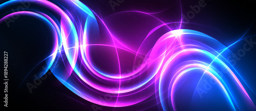 Abstract neon lights create swirling patterns. Vivid blues, purples dominate dark background. Energy flows, dynamic composition.