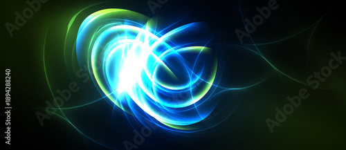 Bright abstract swirls, luminous energy flows. Vivid blues, greens create dynamic visual impact. Dark background emphasizes glowing forms.
