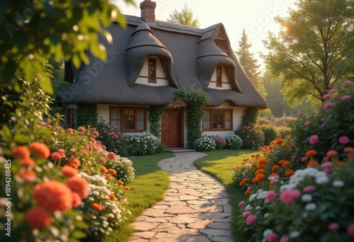 Charming Thatched Cottage Inviting Floral Pathway Enveloped in Warm Earth Tones with Rustic Appeal