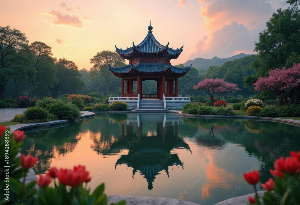 Obraz premium Enchanting Chinese Pagoda with Upturned Eaves in Peaceful Park Setting