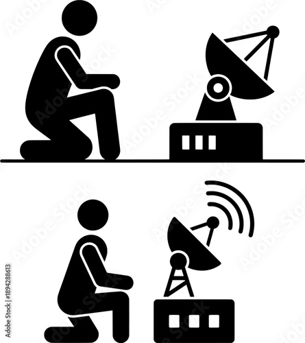 Telecommunication Engineer Working with Satellite Receiver Vector Silhouette