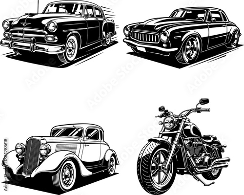 Vintage Automotive Collection with Muscle Cars and Chopper Motorbike
