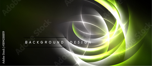 Abstract design features swirling lines, vibrant green hues, glowing effects. Dark background enhances luminosity, creating dynamic visual impact.