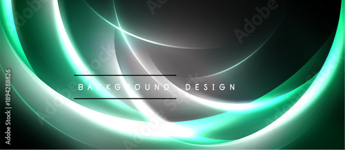 Abstract background features flowing turquoise lines, bright white curves. Dark gray center creates depth, modern aesthetic. Simple text overlay present.