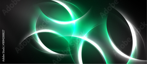 Abstract neon swirls, vibrant green glows, white lines contrast dark background. Dynamic energy radiates from central point.