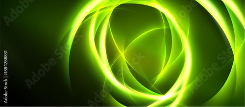 Abstract green design features glowing circular shapes, dynamic curves, dark background. Modern, vibrant visual composition.