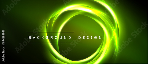 Bright green swirls form circular patterns. Dark background emphasizes glowing neon effect. Text reads background design. Simple, modern aesthetic.