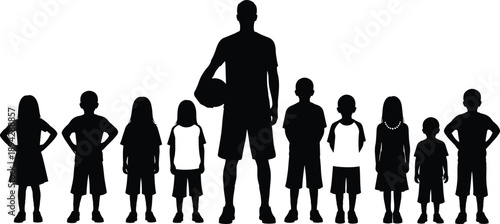 Black and white vector silhouette of a tall male basketball coach holding a ball and standing with a diverse group of children