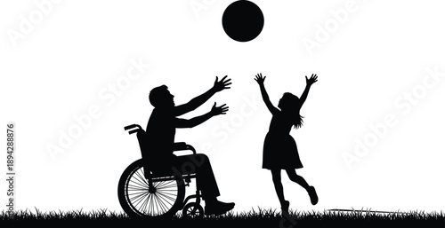 Black Silhouette of Father in Wheelchair Playing Ball with Young Daughter in Grass Field Outdoors During Sunset Minimalist Vector Illustration