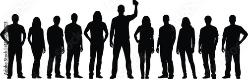 Group of diverse people standing in a row with one man holding up a phone cad drawing flat vector illustration