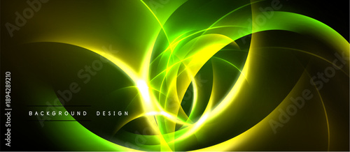 Abstract glowing lines create dynamic composition. Yellow, green hues blend, forming elegant curves. Dark background emphasizes bright energy.