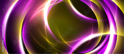 Abstract design features vibrant curves, flowing lines. Pink, gold hues create dynamic visual impact. Dark background emphasizes luminosity.