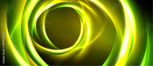 Bright yellow swirls dominate dark background. Concentric circles create dynamic visual effect, suggesting energy, motion. Smooth gradients enhance depth.