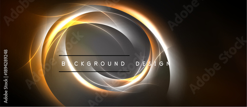 Abstract design features concentric glowing circles. Warm colors dominate dark background. Text reads background design. Elegant, modern aesthetic.