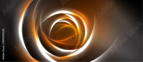 Abstract swirls, orange hues, bright center. Dynamic composition, glowing lines create circular motion, dark background contrasts light elements.