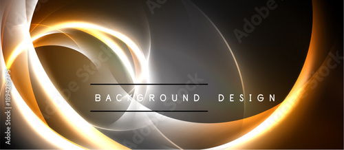 Abstract design features swirling golden lines, gray shades. Dark background creates dramatic visual effect. Text reads background design.
