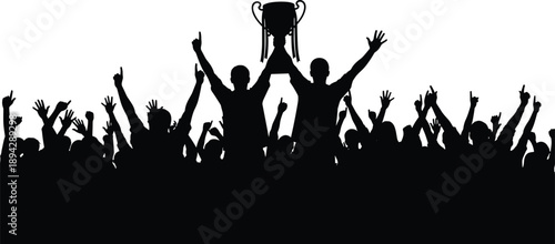 Winning team holding trophy in air with cheering crowd silhouettes success concept cad drawing flat vector illustration isolated