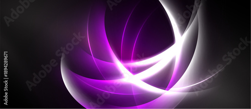 Abstract swirls, vibrant purple, white light. Dynamic composition, smooth gradients, dark background creates dramatic effect. Modern design.