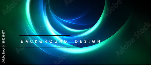 Abstract glowing lines form circular shapes. Dark background enhances vibrant blue, green hues. Text reads background design.