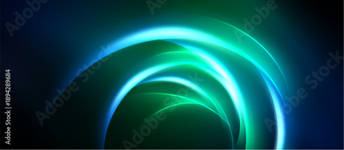 Abstract neon layers create glowing arc. Dark background emphasizes vibrant turquoise, green hues. Smooth gradients suggest depth, energy.