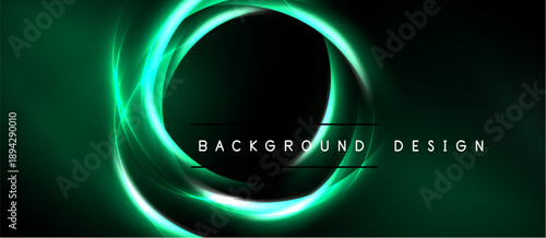 Dark background features glowing green circular layers. Text reads background design within central black space. Modern, abstract visual.